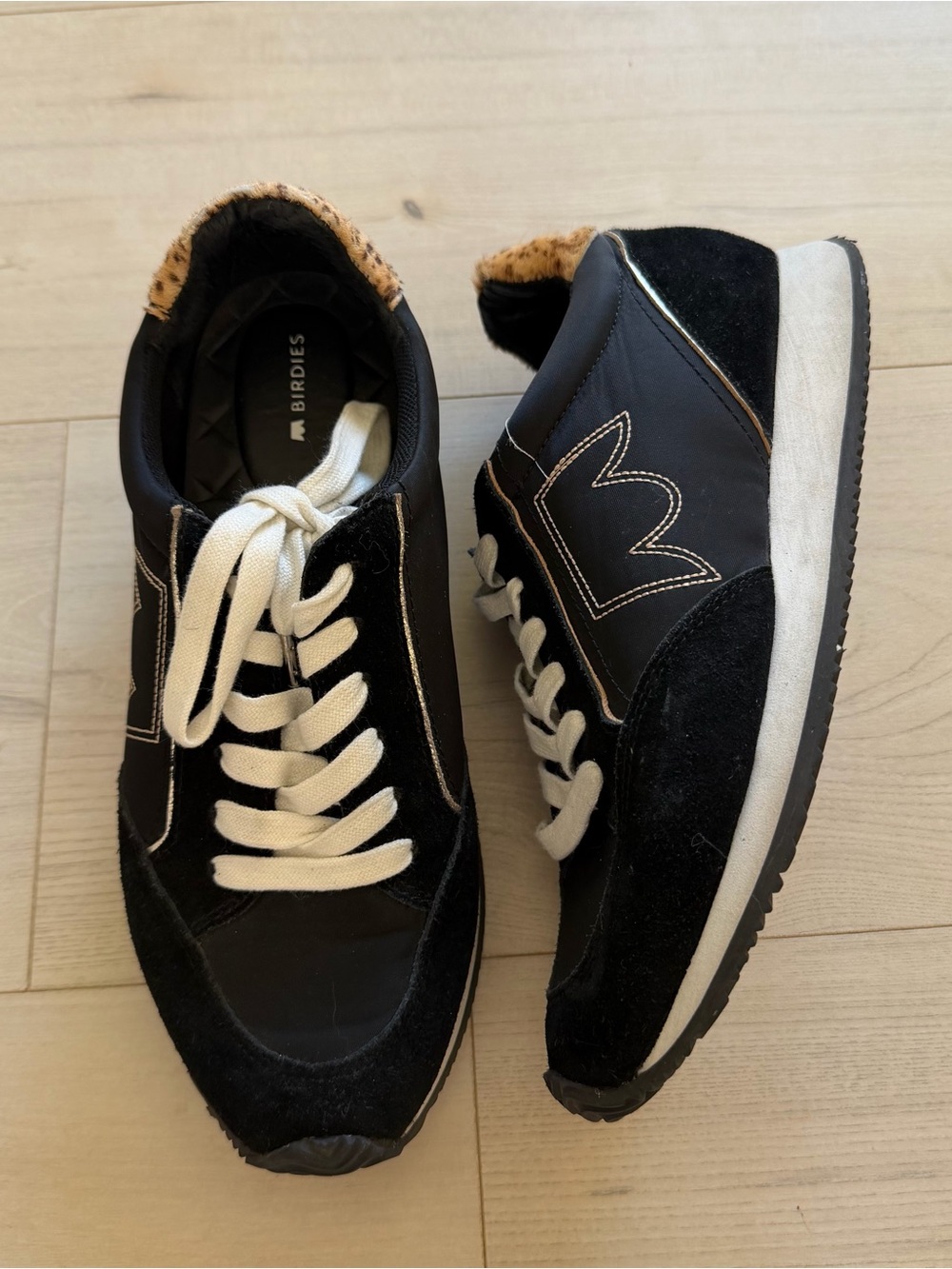 Birdies Black Sneakers with Cream Laces and Tan Leopard Trim